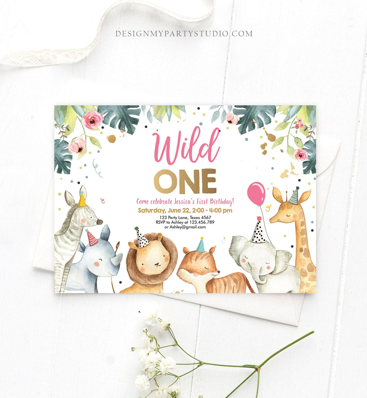 Editable Wild One Birthday Invitation Girl Safari Animals Invite Pink and Gold Party Animals Digital Download Evite Template Printable 0163