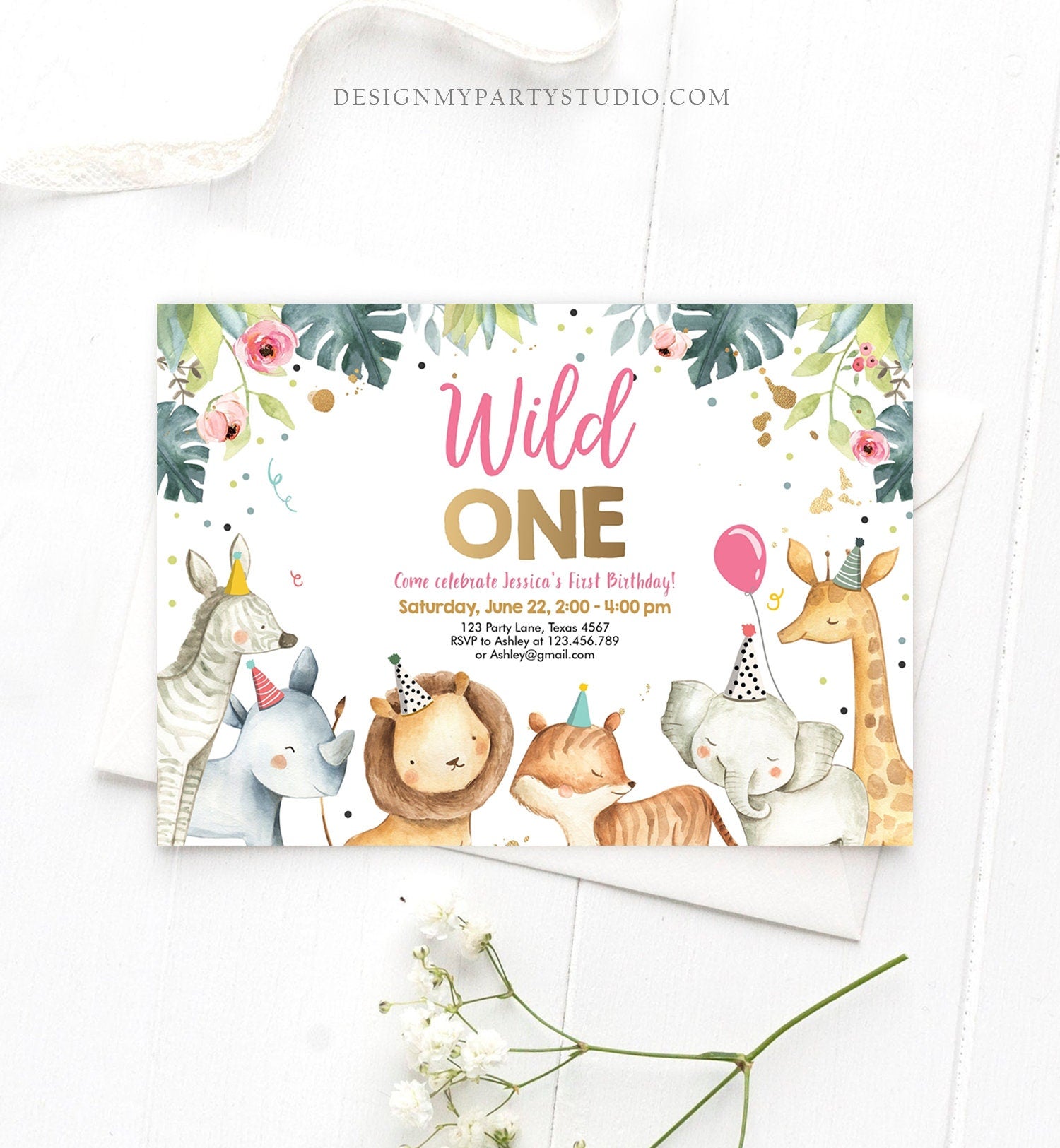 Editable Wild One Birthday Invitation Girl Safari Animals Invite Pink and Gold Party Animals Digital Download Evite Template Printable 0163