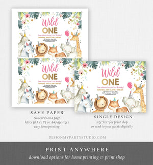 Editable Wild One Birthday Invitation Girl Safari Animals Invite Pink and Gold Party Animals Download Printable Template Corjl Digital 0163