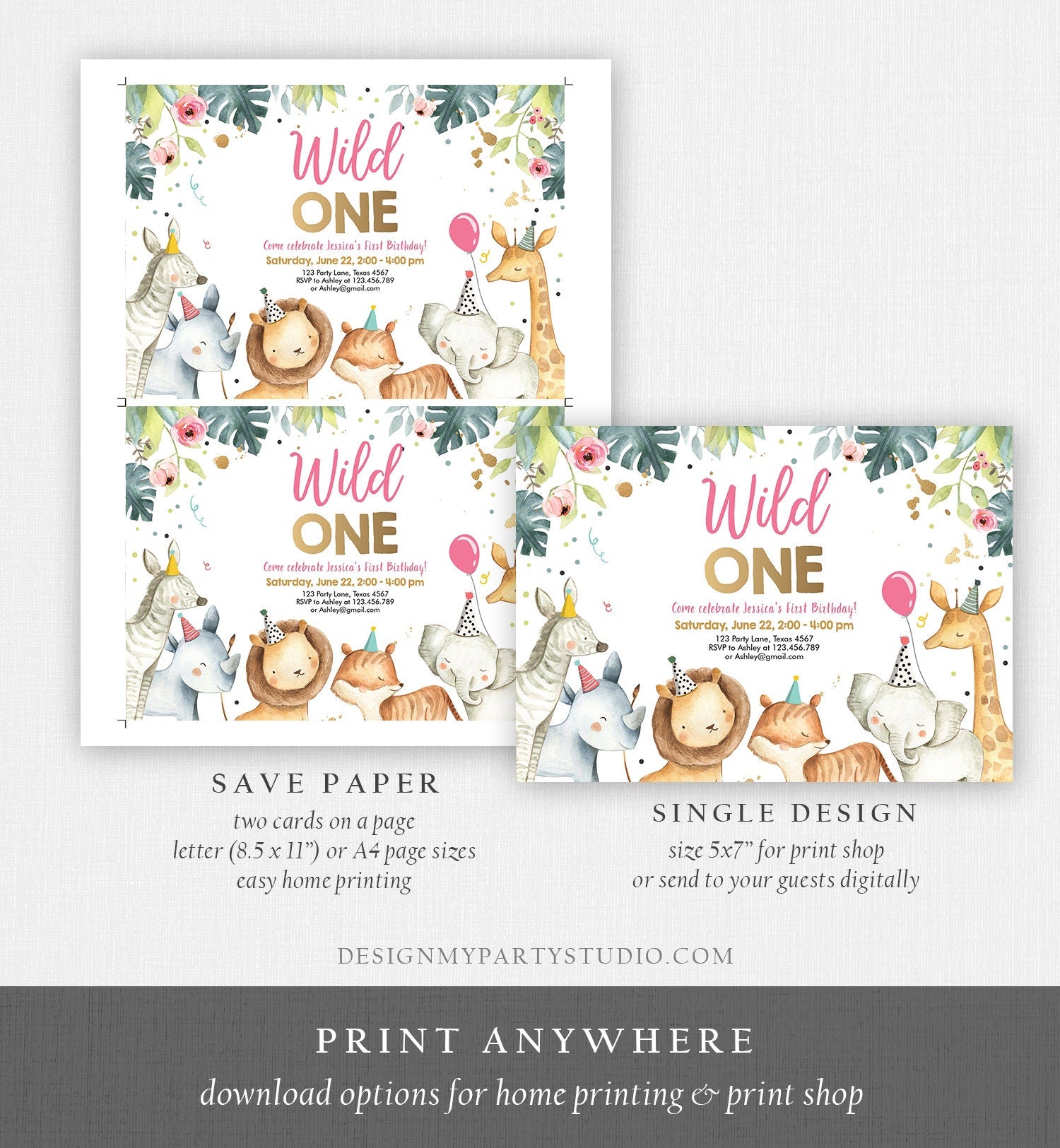 Editable Wild One Birthday Invitation Girl Safari Animals Invite Pink and Gold Party Animals Digital Download Evite Template Printable 0163