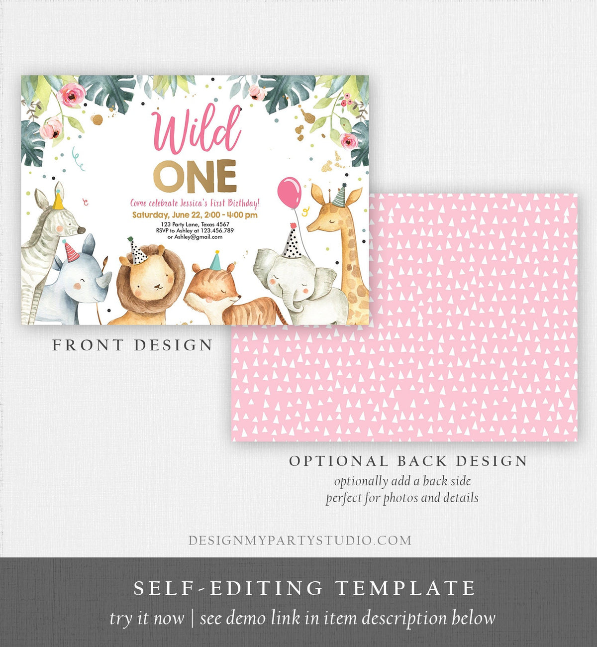 Editable Wild One Birthday Invitation Girl Safari Animals Invite Pink and Gold Party Animals Digital Download Evite Template Printable 0163
