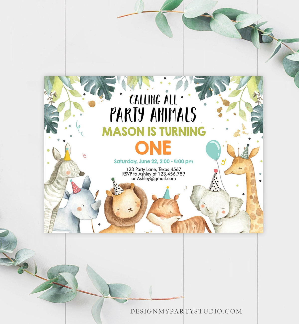 Editable Party Animals Birthday Invitation Wild One Animals Invitation Zoo Safari Animals Boy Digital Download Evite Template Printable 0163