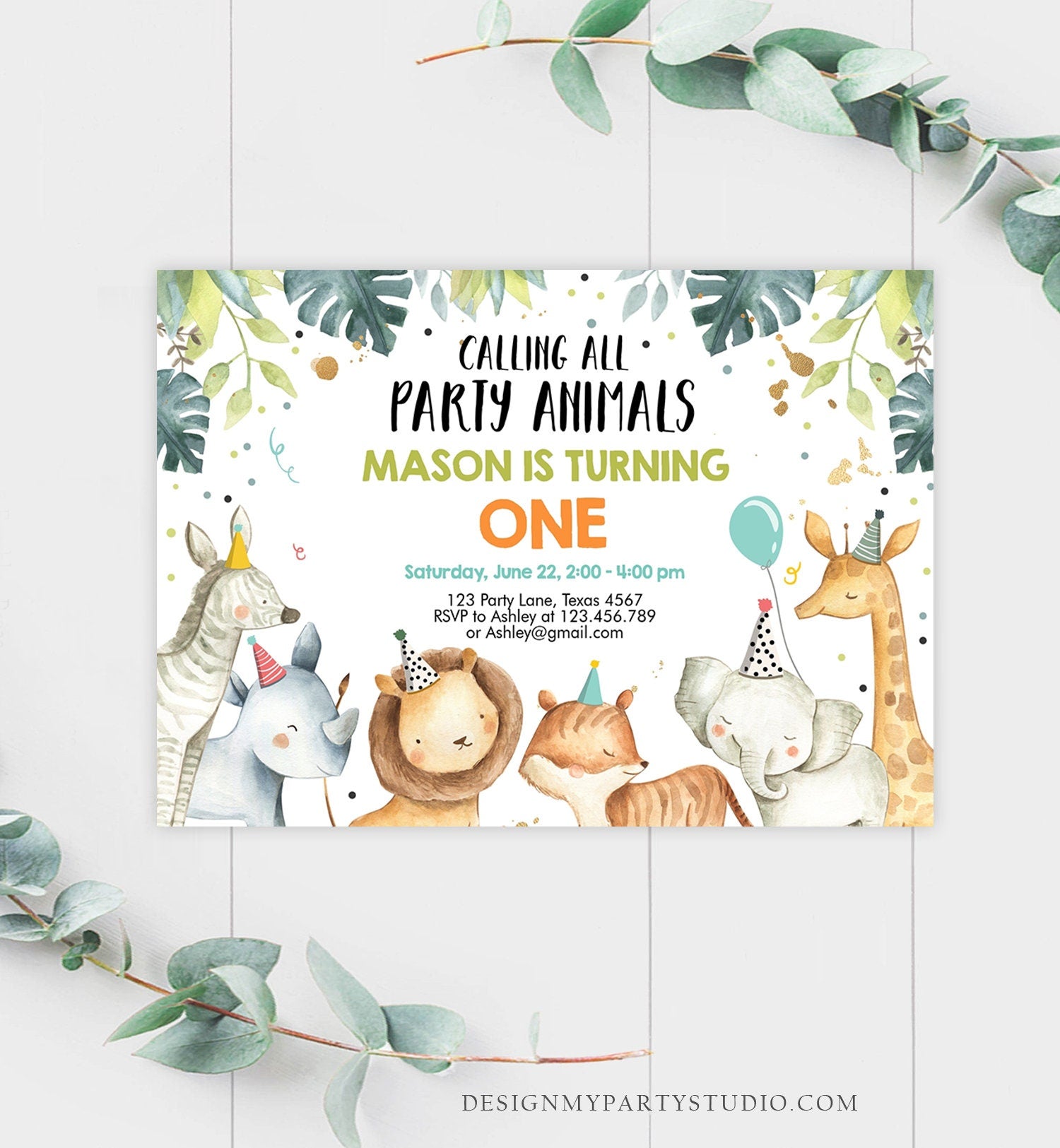 Editable Party Animals Birthday Invitation Wild One Animals Invitation Zoo Safari Animals Boy Digital Download Evite Template Printable 0163