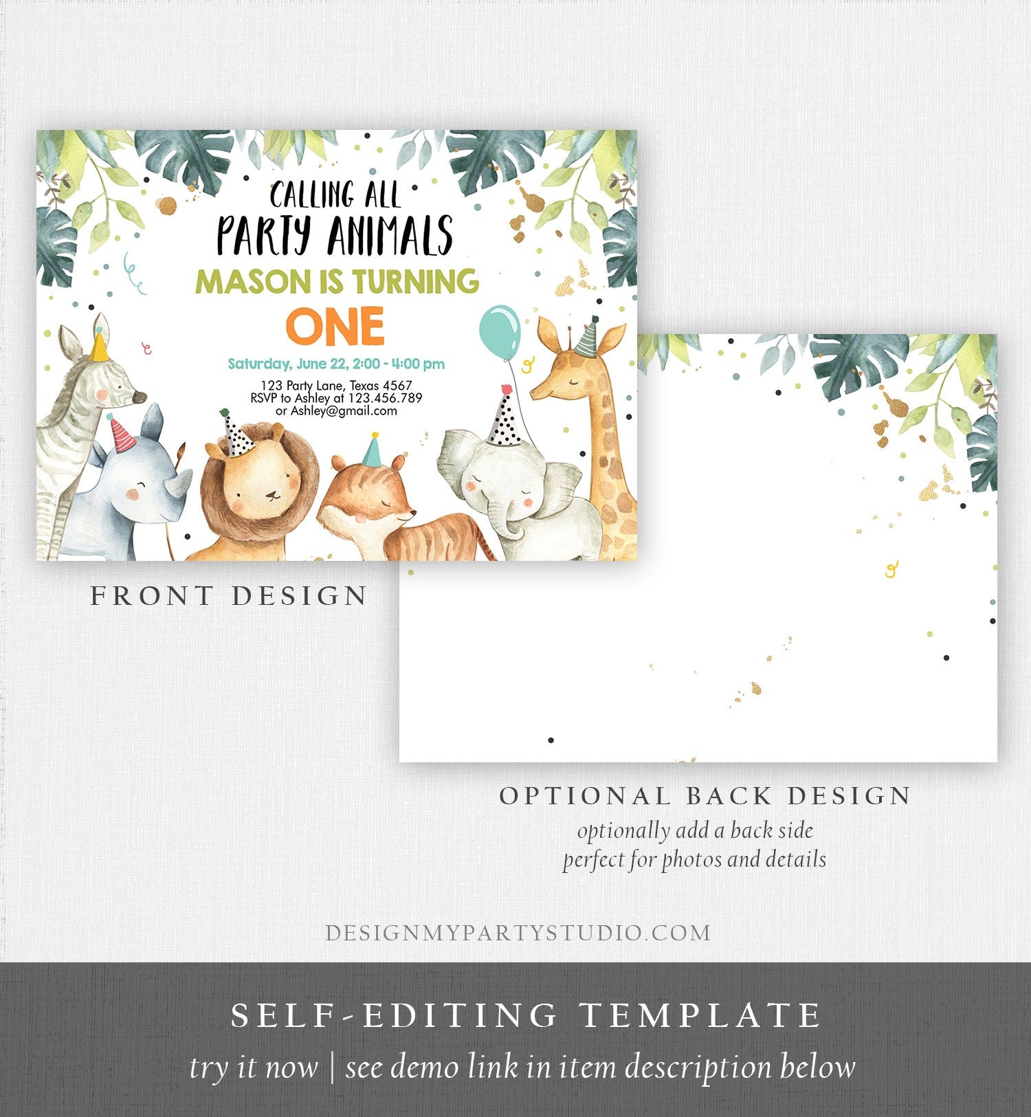 Editable Party Animals Birthday Invitation Wild One Animals Invitation Zoo Safari Animals Boy Digital Download Evite Template Printable 0163