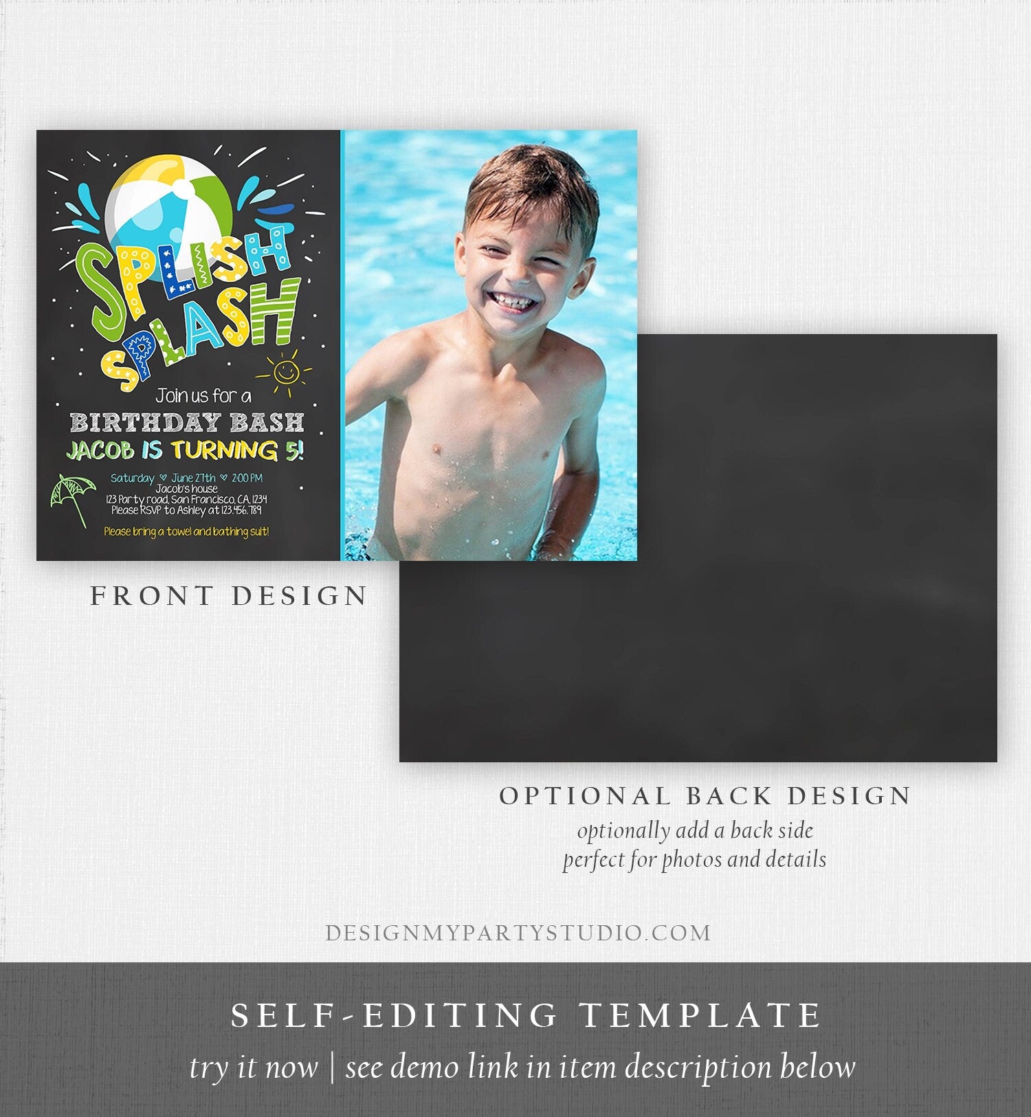 Editable Splish Splash Birthday Invitation Pool Party Boy Beach Ball Blue Green Birthday Bash Download Printable Invite Template Corjl 0169