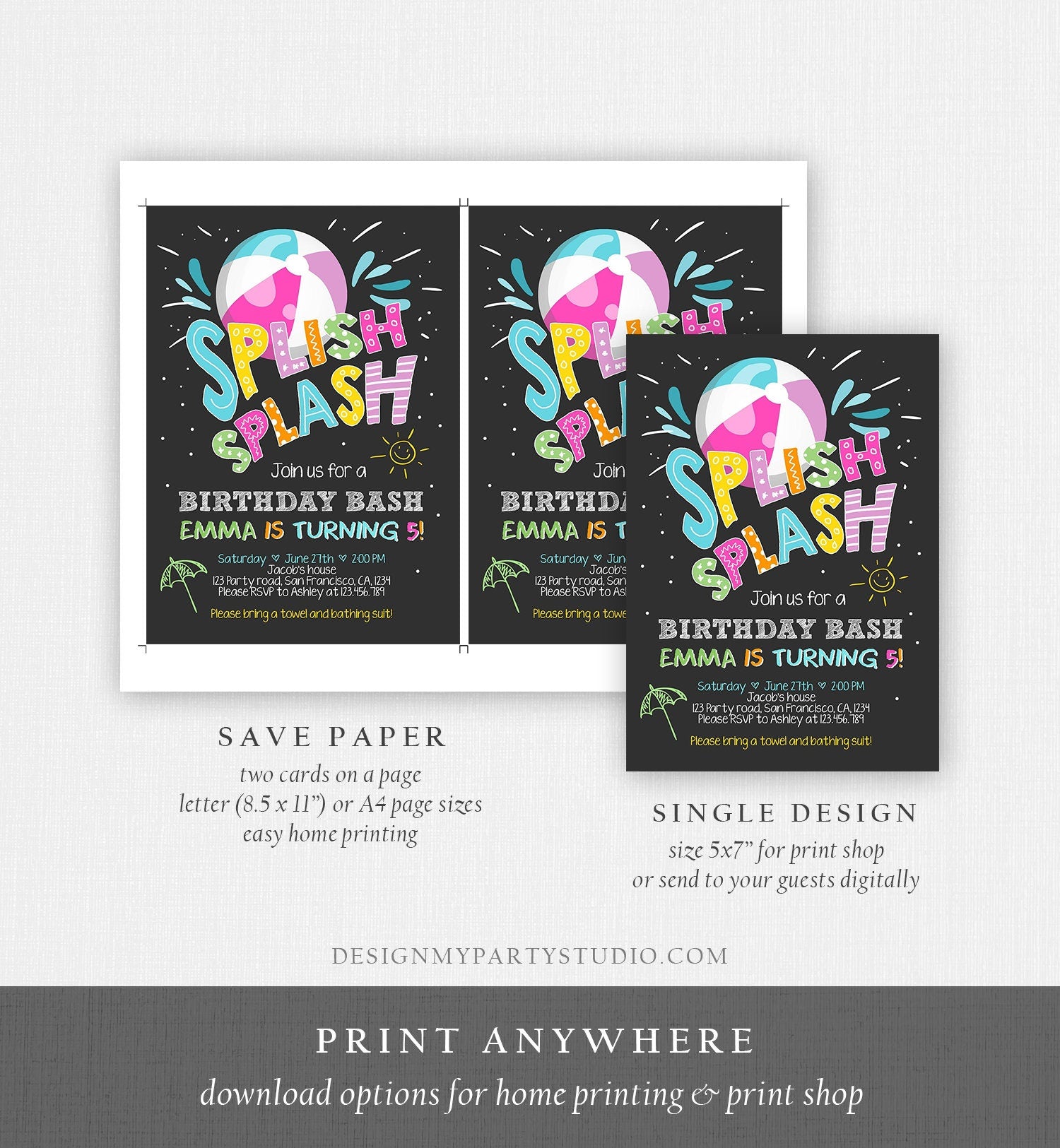 Editable Splish Splash Birthday Invitation Pool Party Beach Ball Pink Girl Birthday Bash Download Printable Invite Template Corjl 0169