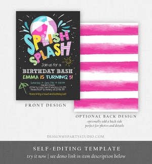 Editable Splish Splash Birthday Invitation Pool Party Beach Ball Pink Girl Birthday Bash Download Printable Invite Template Corjl 0169