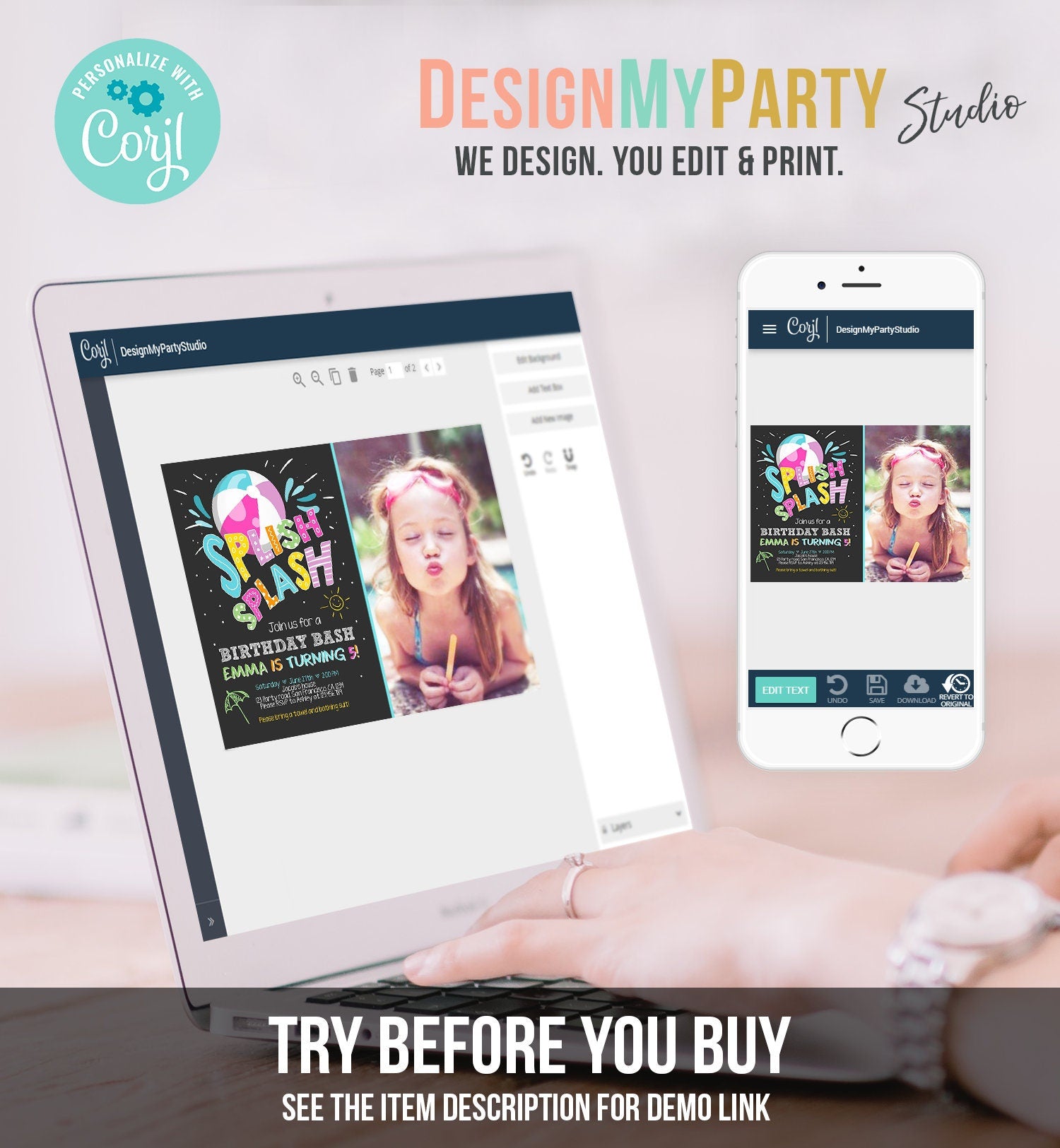 Editable Splish Splash Birthday Invitation Pool Party Beach Ball Pink Girl Birthday Bash Digital Download Template Printable Evite 0169