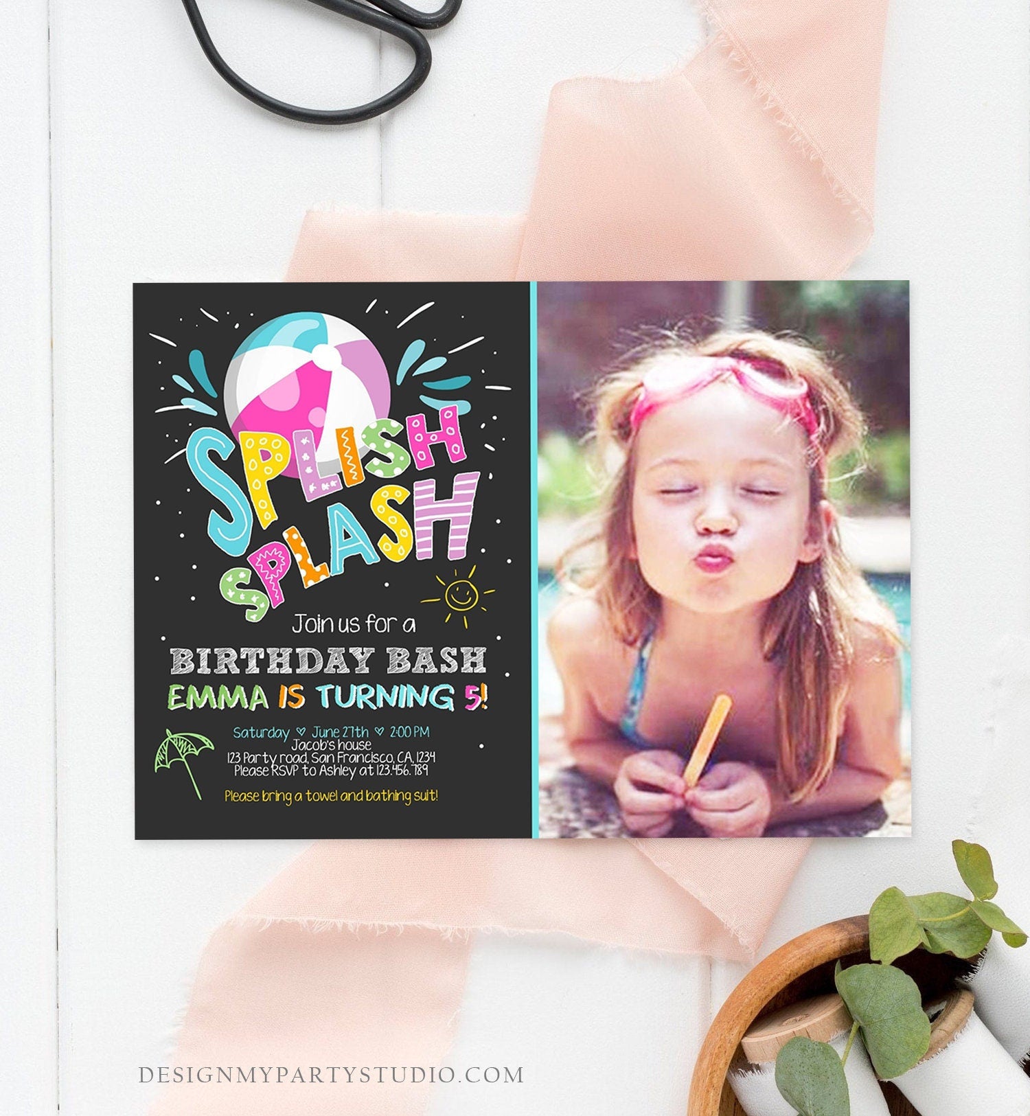 Editable Splish Splash Birthday Invitation Pool Party Beach Ball Pink Girl Birthday Bash Digital Download Template Printable Evite 0169