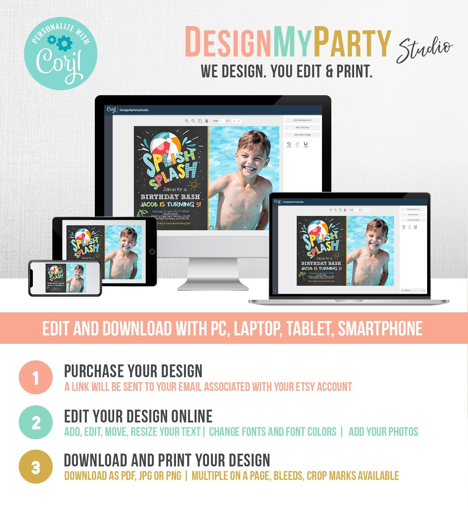 Editable Splish Splash Birthday Invitation Pool Party Boy Beach Ball Summer Blue Bash Digital Download Evite Template Printable 0169