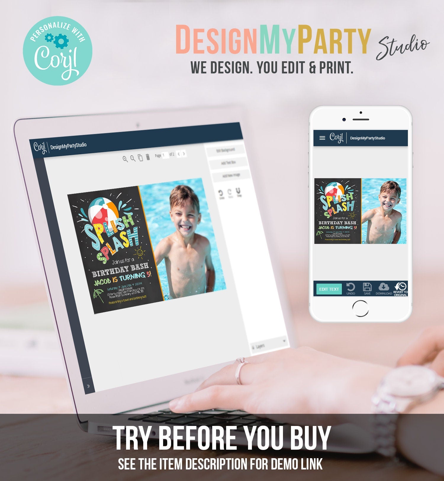 Editable Splish Splash Birthday Invitation Pool Party Boy Beach Ball Summer Blue Bash Digital Download Evite Template Printable 0169