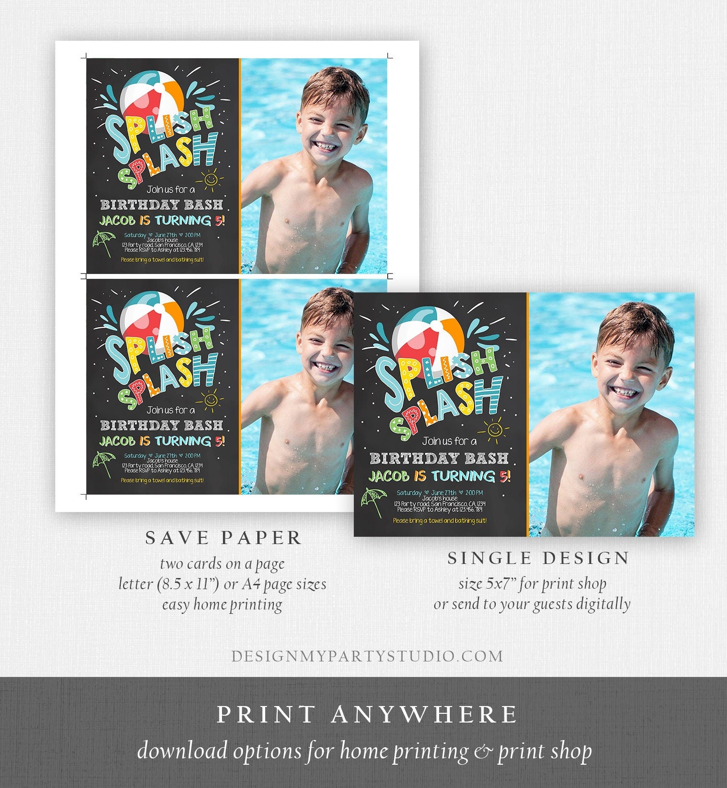 Editable Splish Splash Birthday Invitation Pool Party Boy Beach Ball Summer Blue Bash Digital Download Evite Template Printable 0169