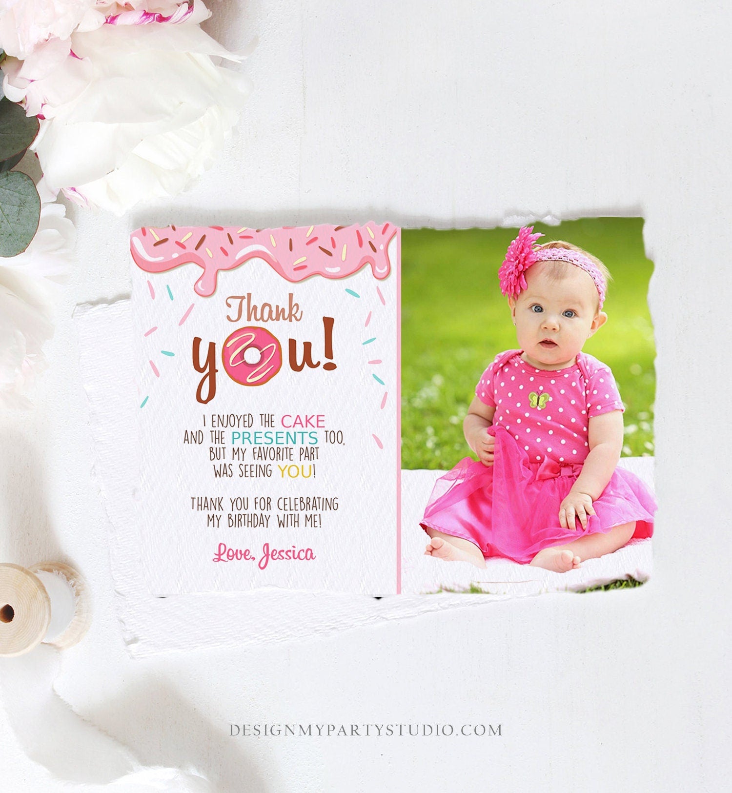 Editable Donut Thank You Card Note Pink Girl Birthday Party Doughnut Thank You Photo Sweet First Birthday 1st Corjl Template Printable 0050