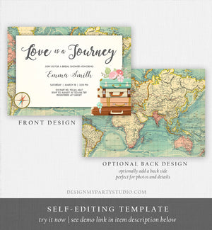 Editable Love is a Journey Bridal Shower Invitation World Map Suitcase Vintage Adventure Download Printable Template Corjl Digital 0044