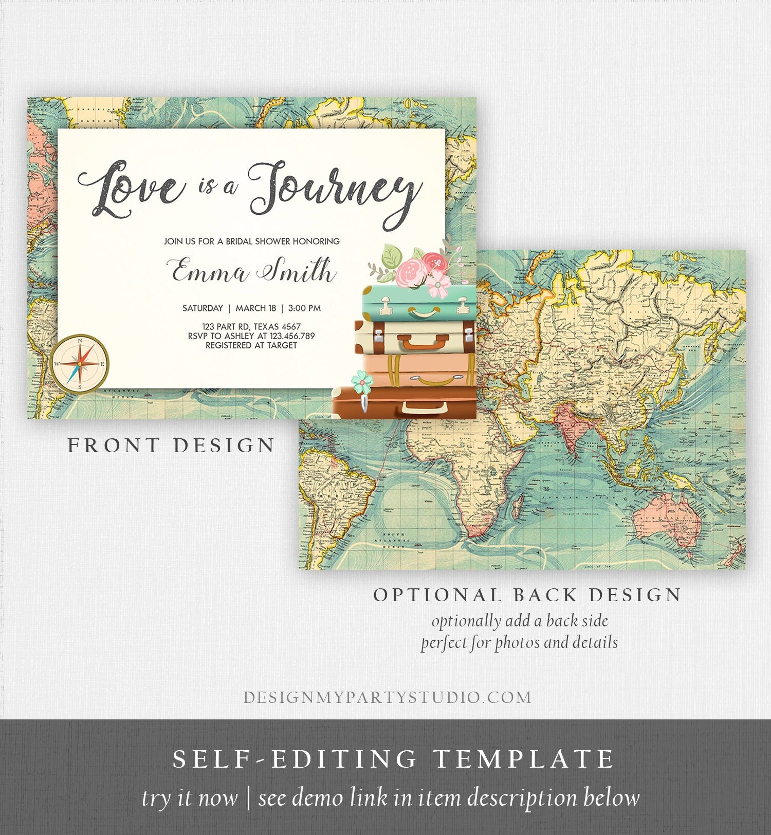 Editable Love is a Journey Bridal Shower Invitation World Map Suitcase Vintage Adventure Download Printable Template Corjl Digital 0044