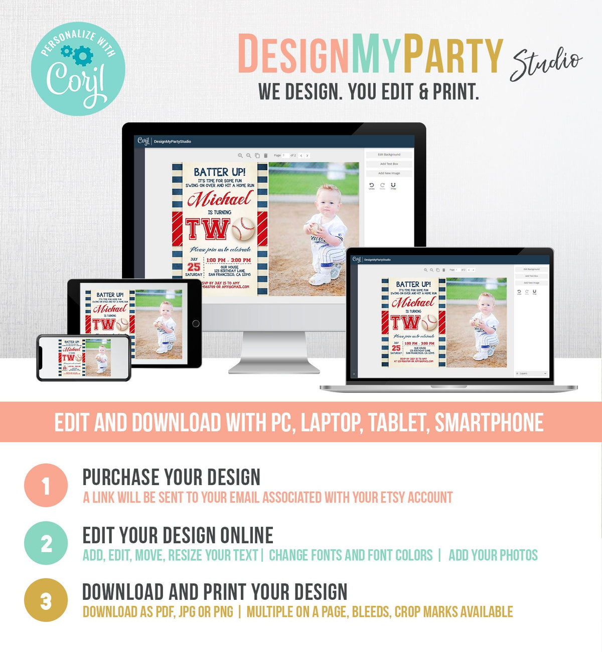 Editable Baseball Second Birthday Invitation Little Slugger Playing Baseball Boy Red Blue Stripes 2nd Printable Corjl Template 0069