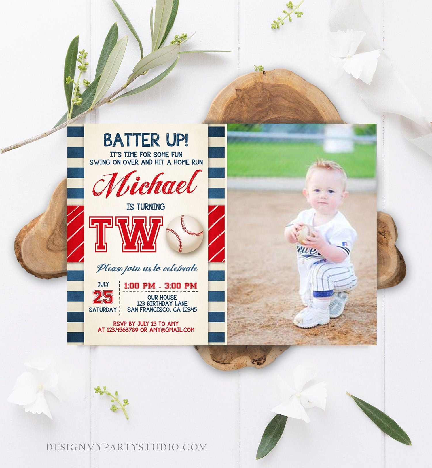 Editable Baseball Second Birthday Invitation Little Slugger Playing Baseball Boy Red Blue Stripes 2nd Printable Corjl Template 0069