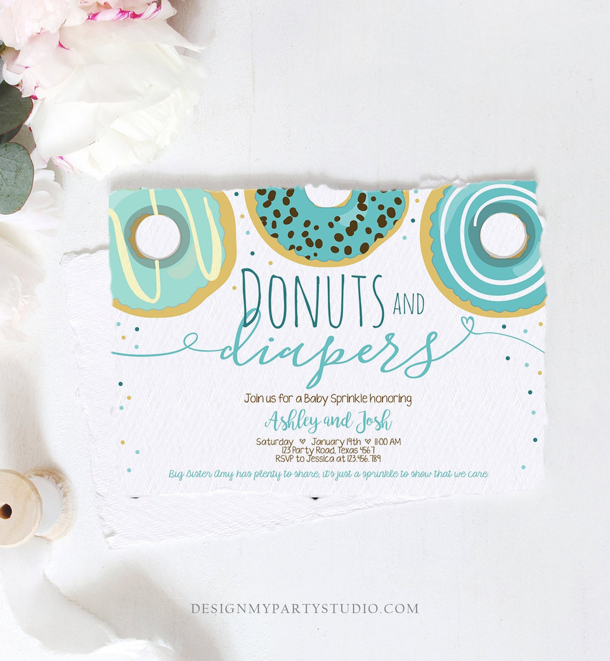 Editable Donuts and Diapers Baby Shower Invitation Sprinkle Sprinkled With Love Coed Boy Blue Pastel Download Printable Corj Template 0050