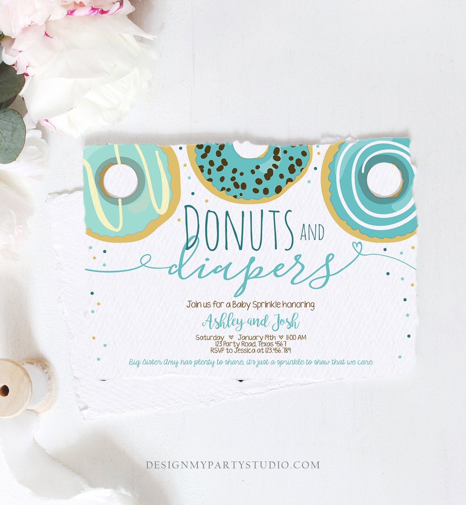 Editable Donuts and Diapers Baby Shower Invitation Sprinkle Sprinkled With Love Coed Boy Blue Pastel Download Printable Corj Template 0050