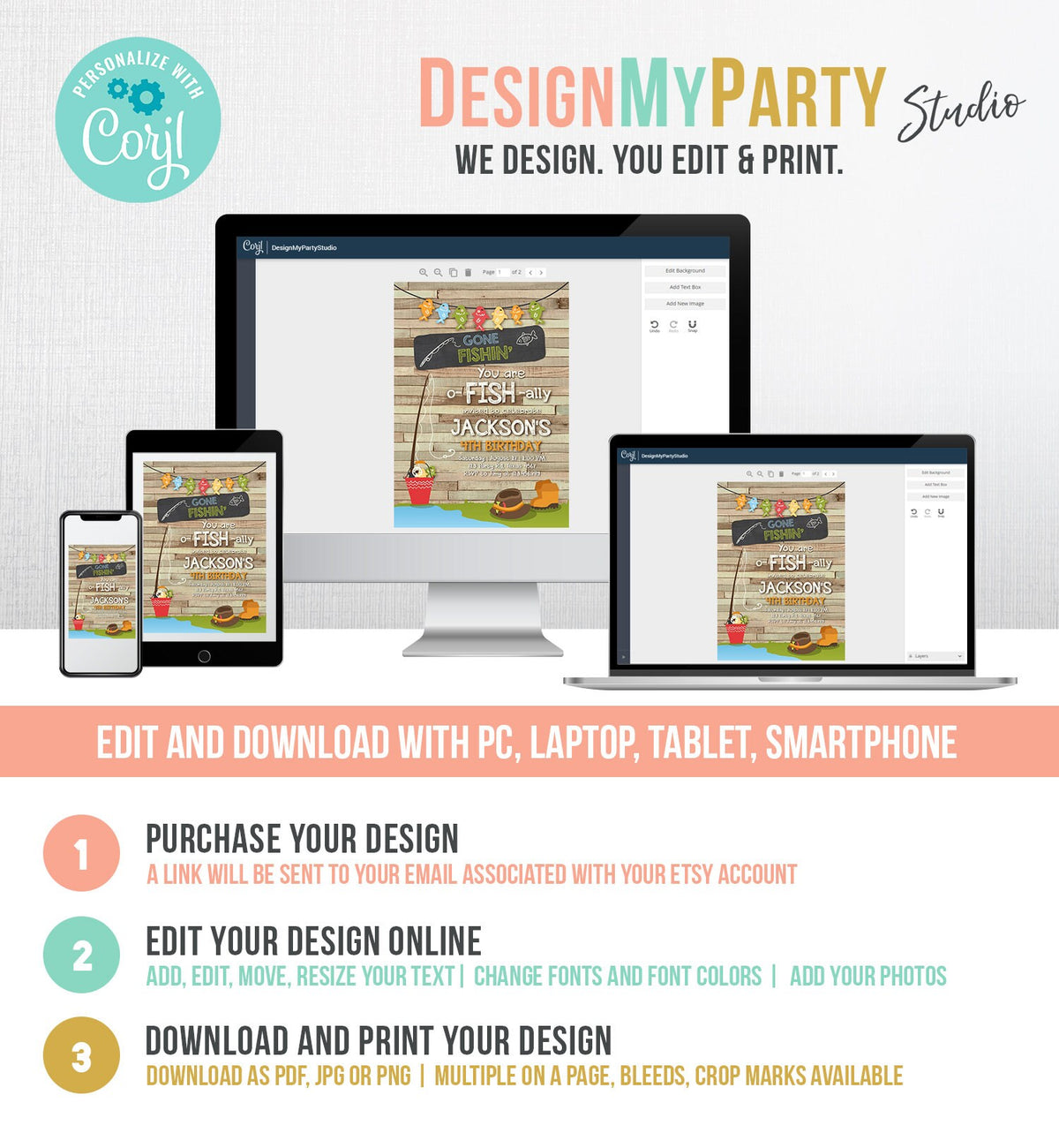 Editable Fishing Birthday Invitation Boy o-Fish-Ally Reeling the Big One Gone Fishing Fishin Digital Download Corjl Template Printable 0080