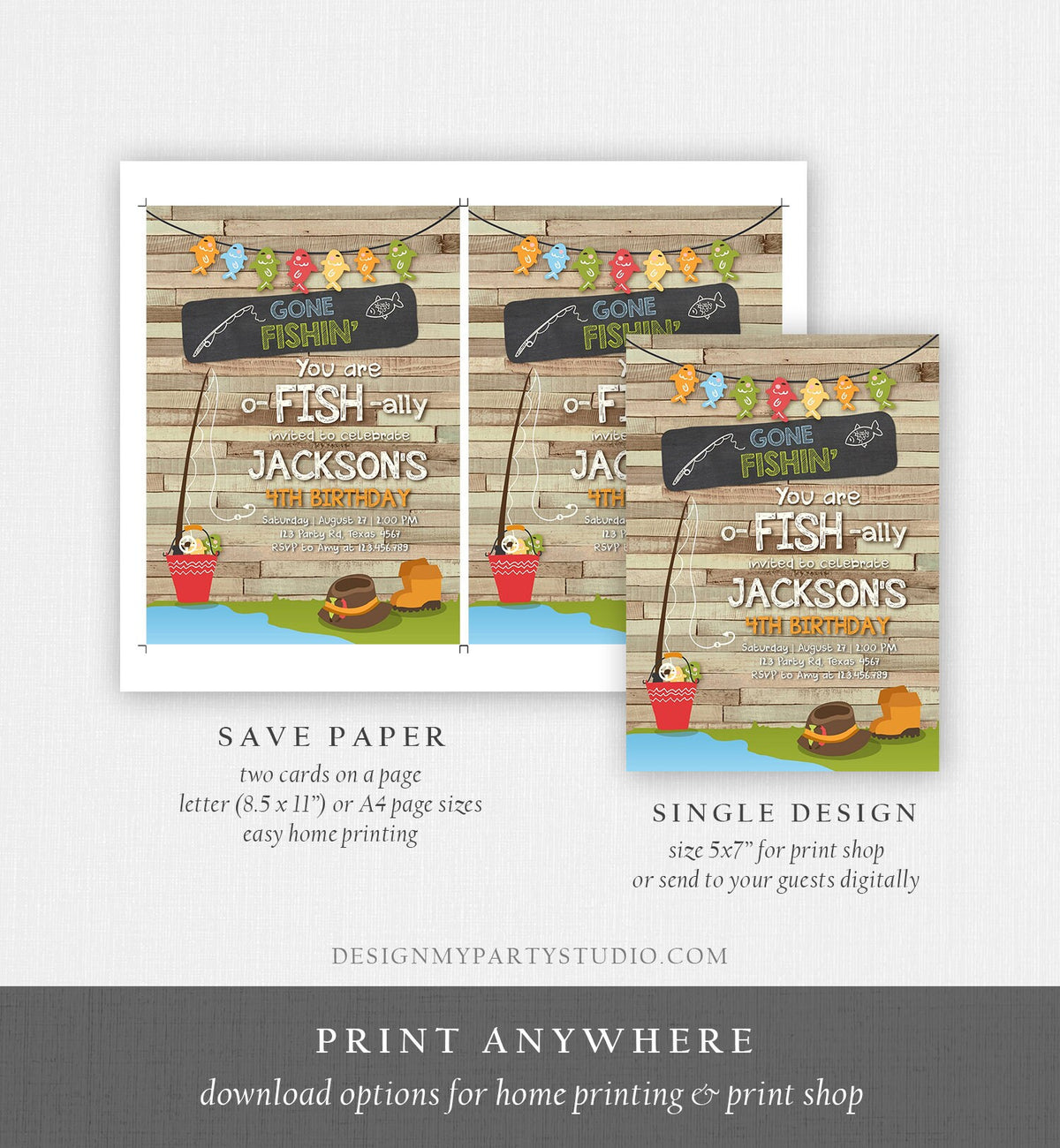 Editable Fishing Birthday Invitation Boy o-Fish-Ally Reeling the Big One Gone Fishing Fishin Digital Download Corjl Template Printable 0080