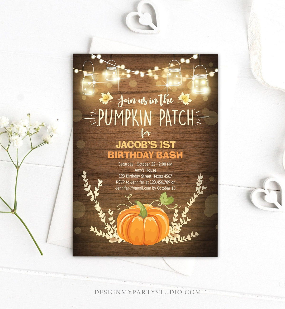 Editable Little Pumpkin Birthday Invitation Orange Pumpkin Patch Autumn Fall Rustic Boy Girl First Birthday Corjl Invitation Printable 0015
