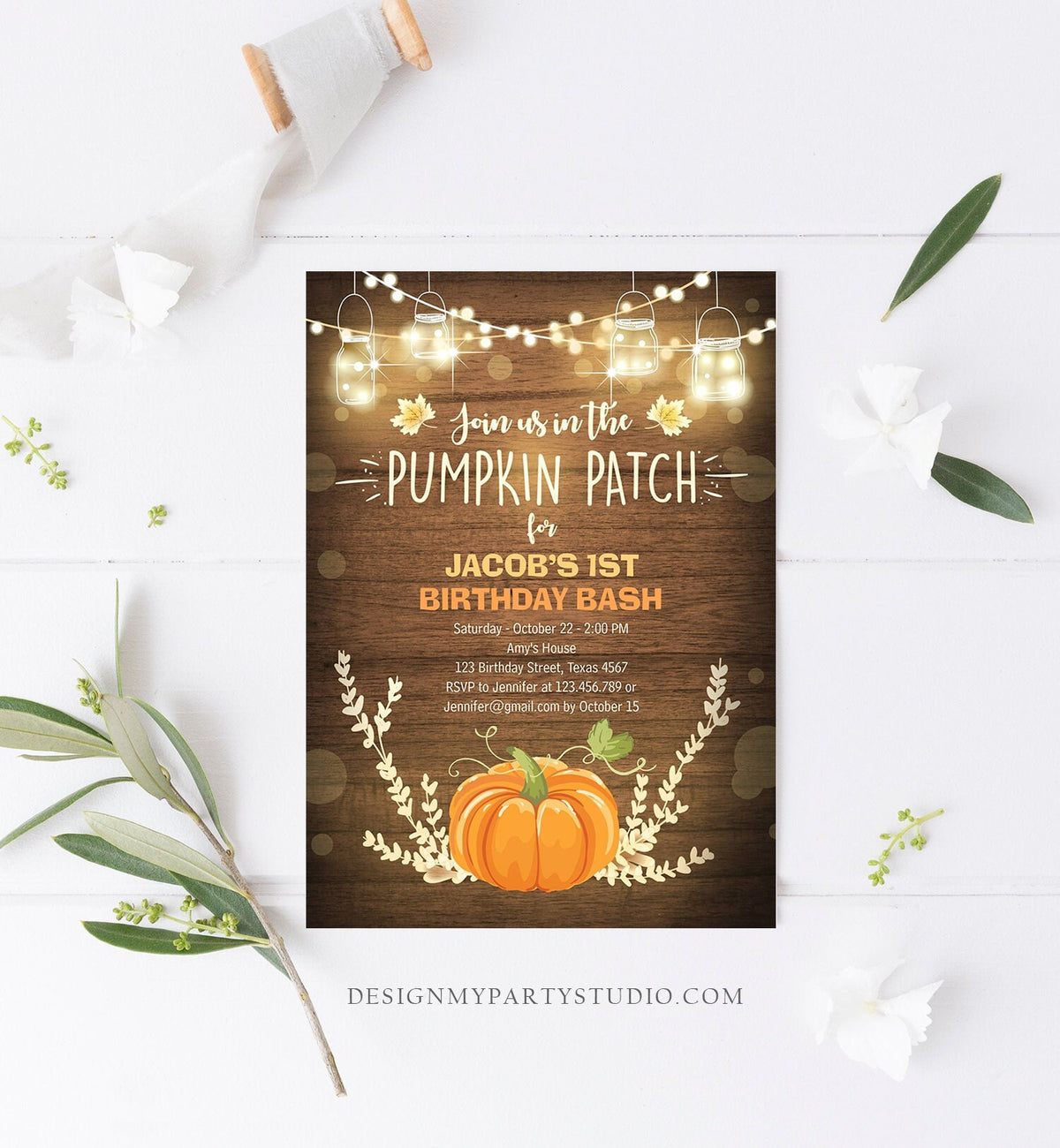Editable Little Pumpkin Birthday Invitation Orange Pumpkin Patch Autumn Fall Rustic Boy Girl First Birthday Corjl Invitation Printable 0015