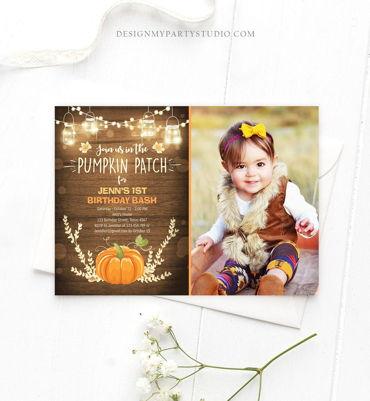 Editable Little Pumpkin Birthday Invitation Orange Pumpkin Patch Autumn Fall Rustic Boy Girl First Birthday Corjl Invitation Printable 0015