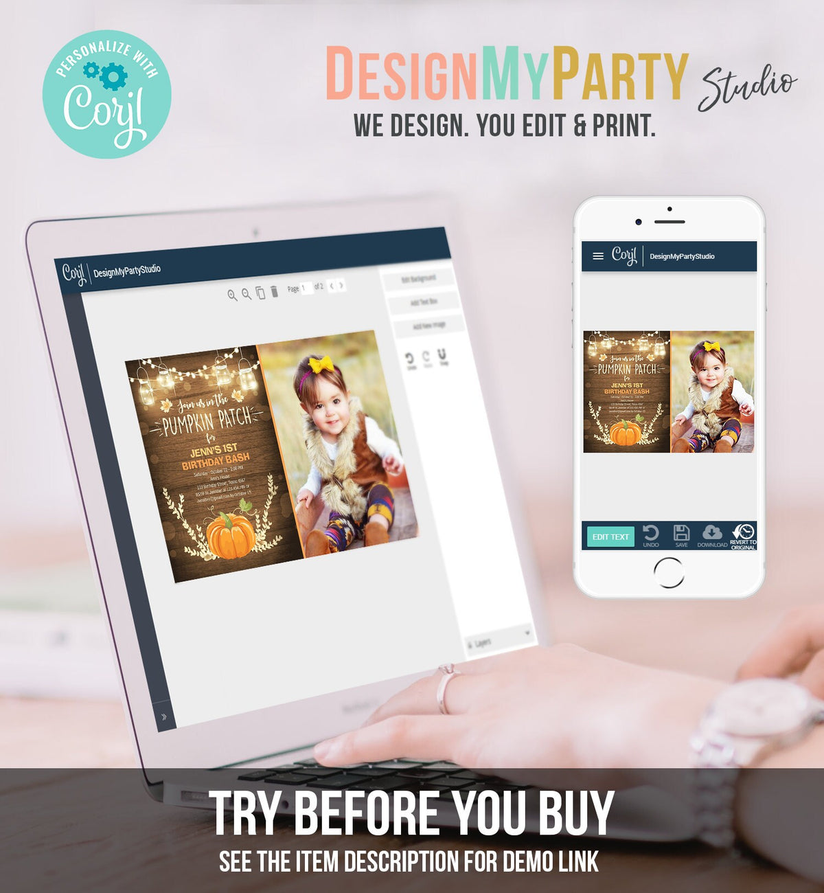 Editable Little Pumpkin Birthday Invitation Orange Pumpkin Patch Autumn Fall Rustic Boy Girl First Birthday Corjl Invitation Printable 0015