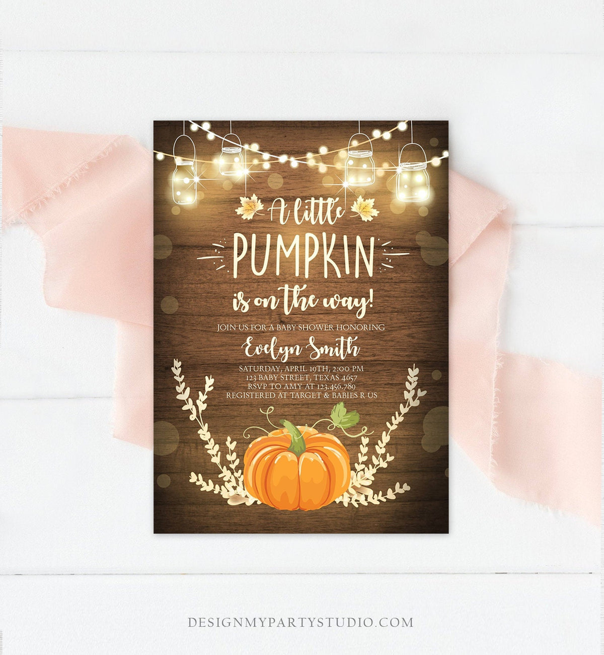 Editable Little Pumpkin Baby Shower Invitation Orange Pumpkin Patch Autumn Fall Rustic Boy Girl Sprinkle Corjl Template Printable 0015