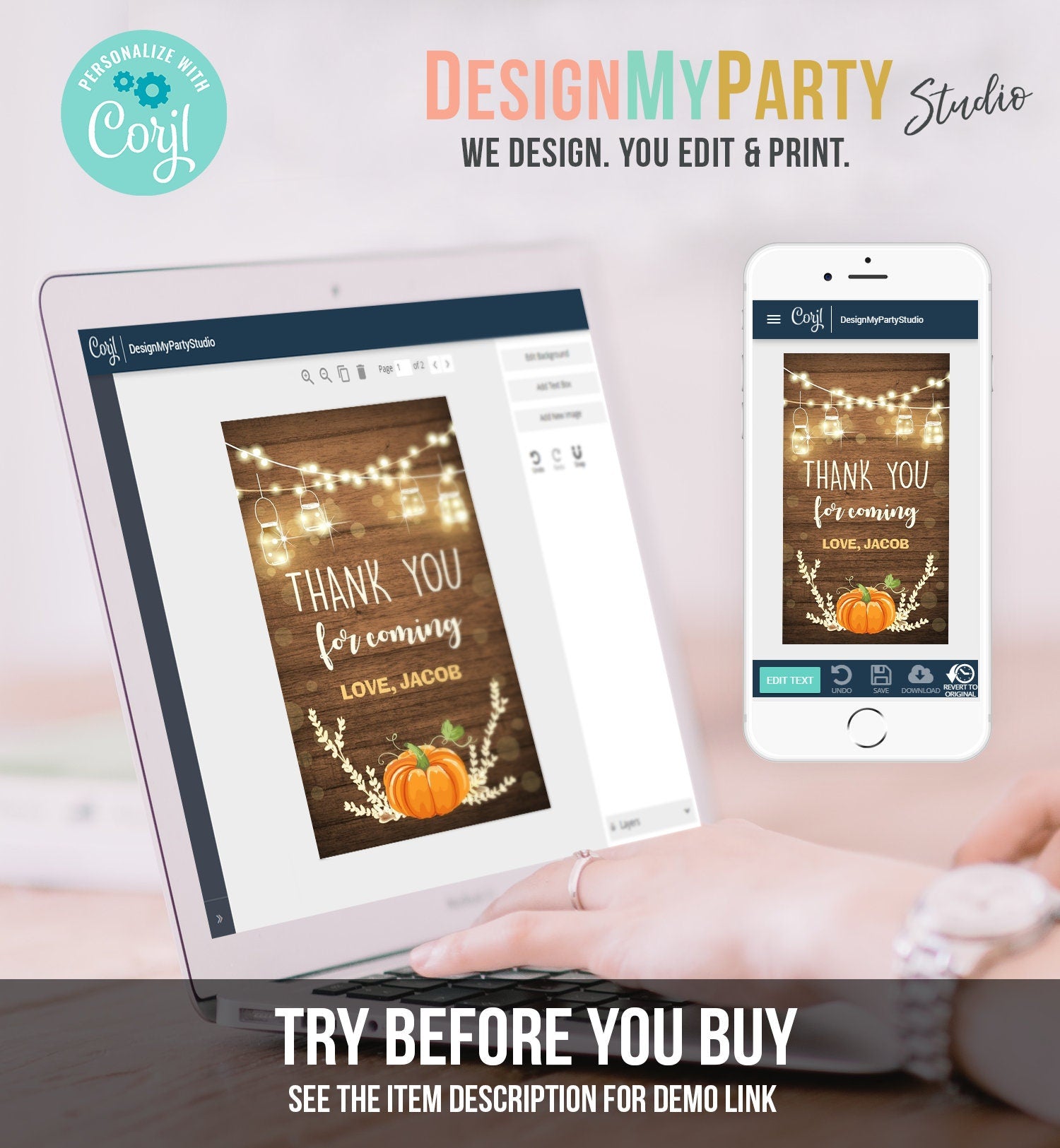 Editable Little Pumpkin Favor Tag Thank You Tag Birthday Baby Shower Rustic Wood Fall Autumn Pumpkin Download Corjl Template Printable 0015