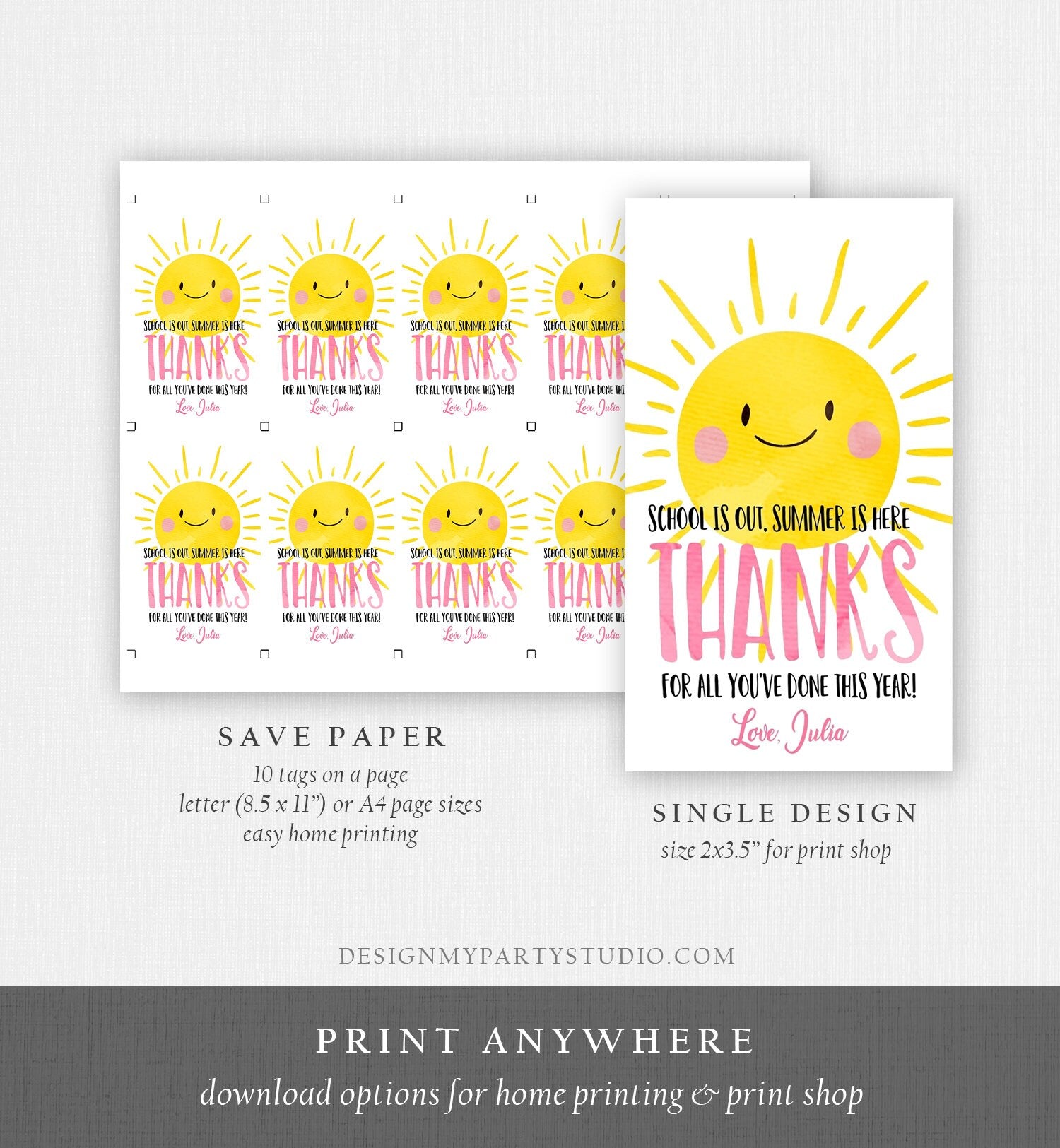 Editable Teacher Appreciation Gift Tags Sunshine Thank You Tag Schools Out Summer End of Year Tag Digital Template Printable 0141 0464