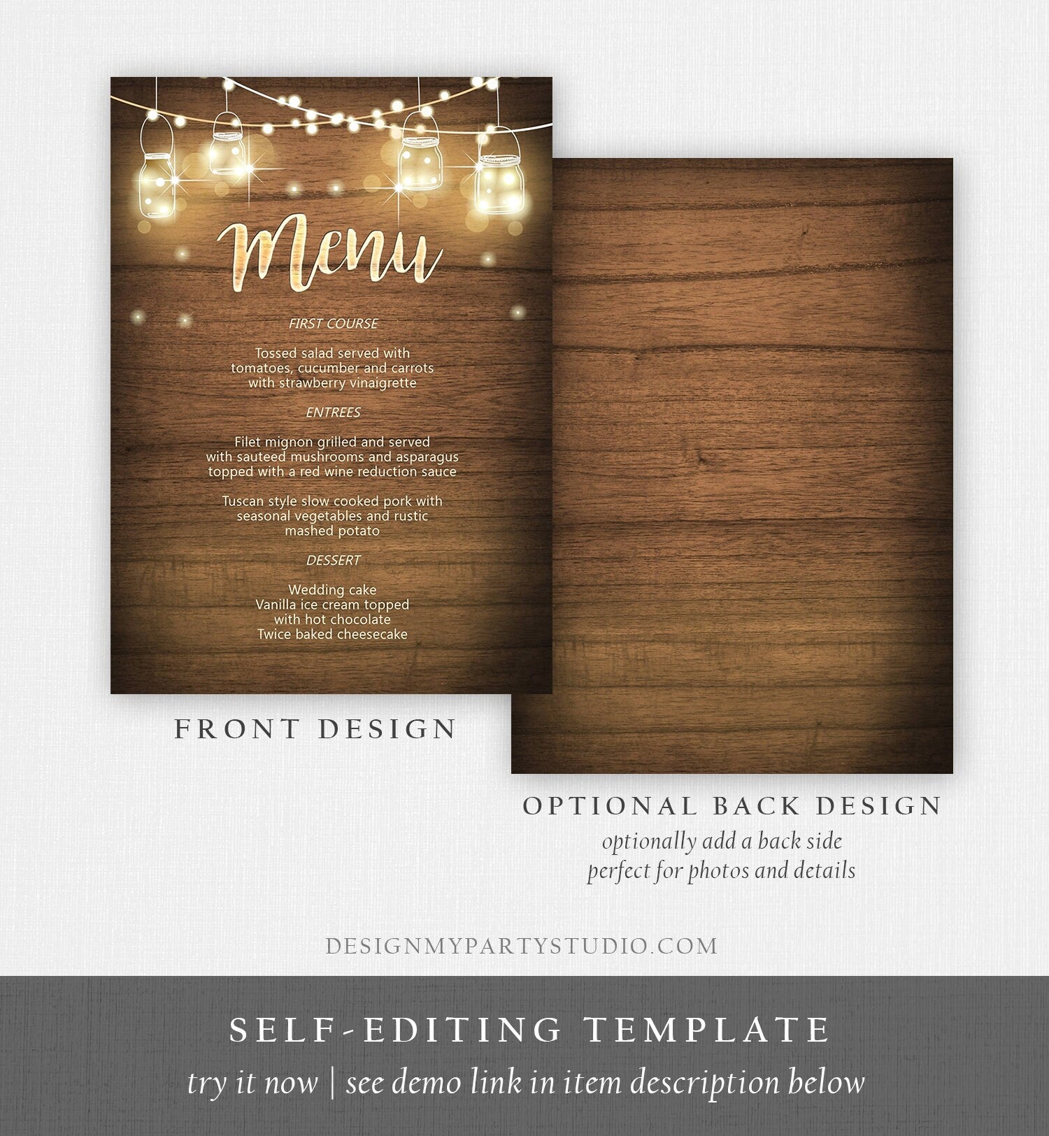 Editable Rustic Menu Card Wedding Shower Birthday Party Outdoor Lights Jars Wood Tea Party Download Corjl Template Printable 0015
