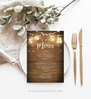 Editable Rustic Menu Card Wedding Shower Birthday Party Outdoor Lights Jars Wood Tea Party Download Corjl Template Printable 0015