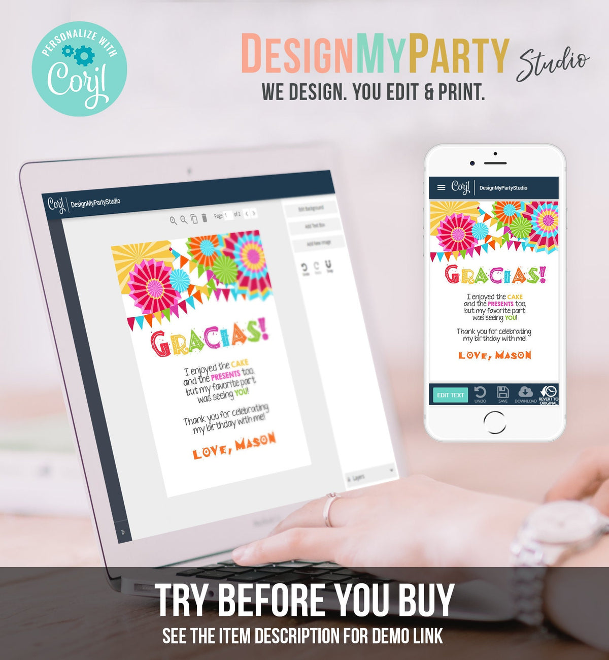 Editable Fiesta Gracias Thank You Card Mexican Birthday Party Baby Shower Graduation Note Digital Download Template Printable 0045