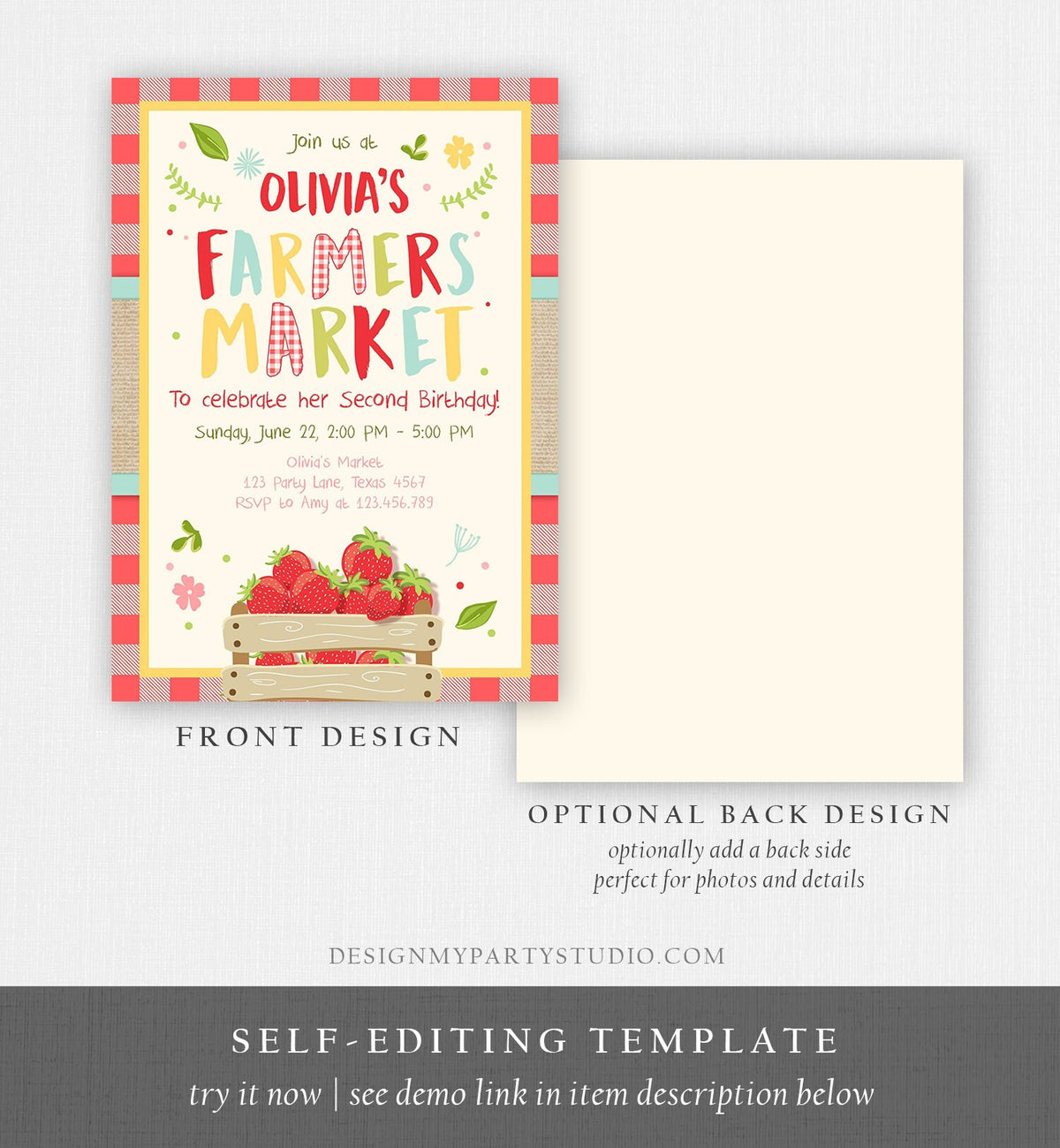 Editable Farmers Market Birthday Invitation Strawberry Home Grown Veggies Farm Fruits Market Download Printable Invite Template Corjl 0223
