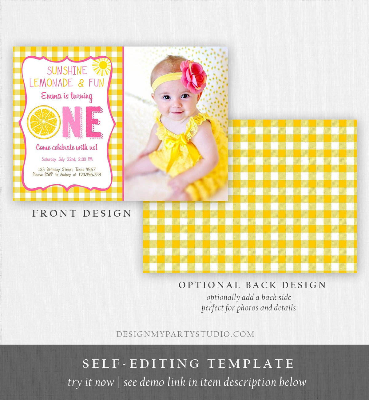 Editable Sunshine Lemonade Birthday Invitation Pink Girl Sunshine Party Lemonade and Fun Invite 1st Birthday Printable Template Corjl 0308
