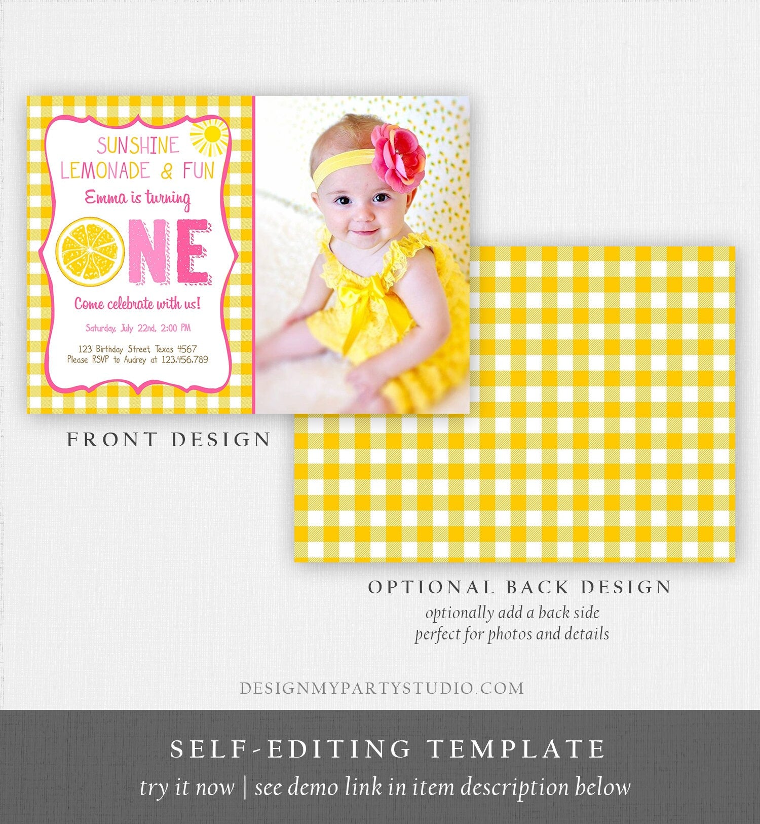 Editable Sunshine Lemonade Birthday Invitation Pink Girl Sunshine Party Lemonade and Fun Invite 1st Birthday Printable Template Corjl 0308
