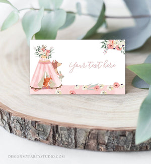 Editable Woodland Food Labels Teepee Place Card Boho Woodland Animals Baby shower Tent Card Forest Floral Pink Printable Corjl Template 0222