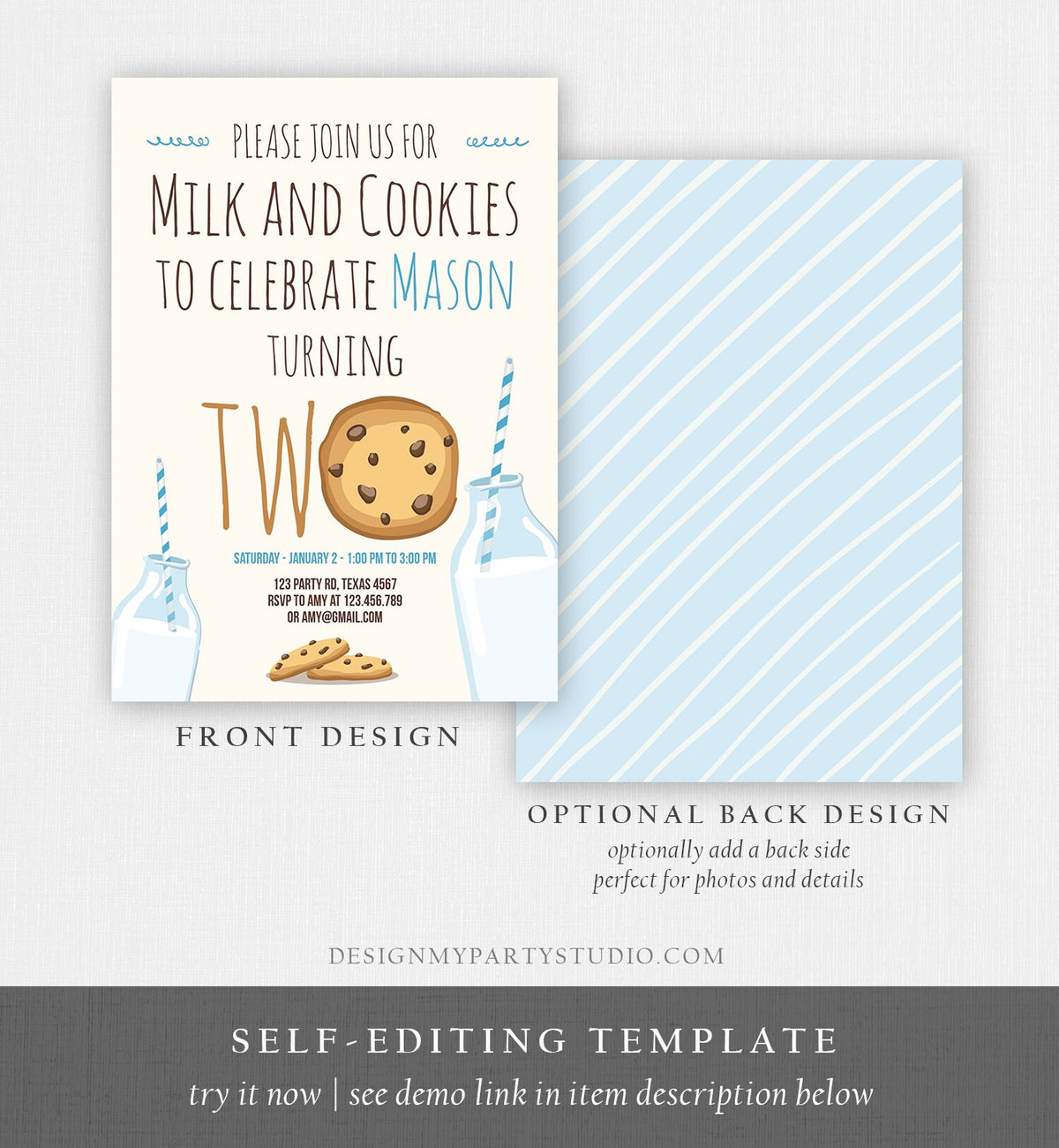 Editable Milk and Cookies Second Birthday Invitation Milk Cookies Party Boy 2nd Two Birthday Blue Digital Download Template Printable 0088