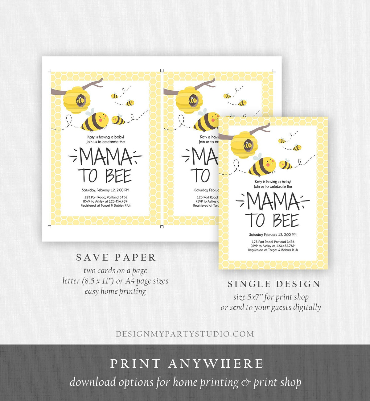 Editable Bee Baby Shower Invitation Mama to Bee Baby Shower Invite Honey Comb Hive Bees Download Printable Template Digital Corjl 0224