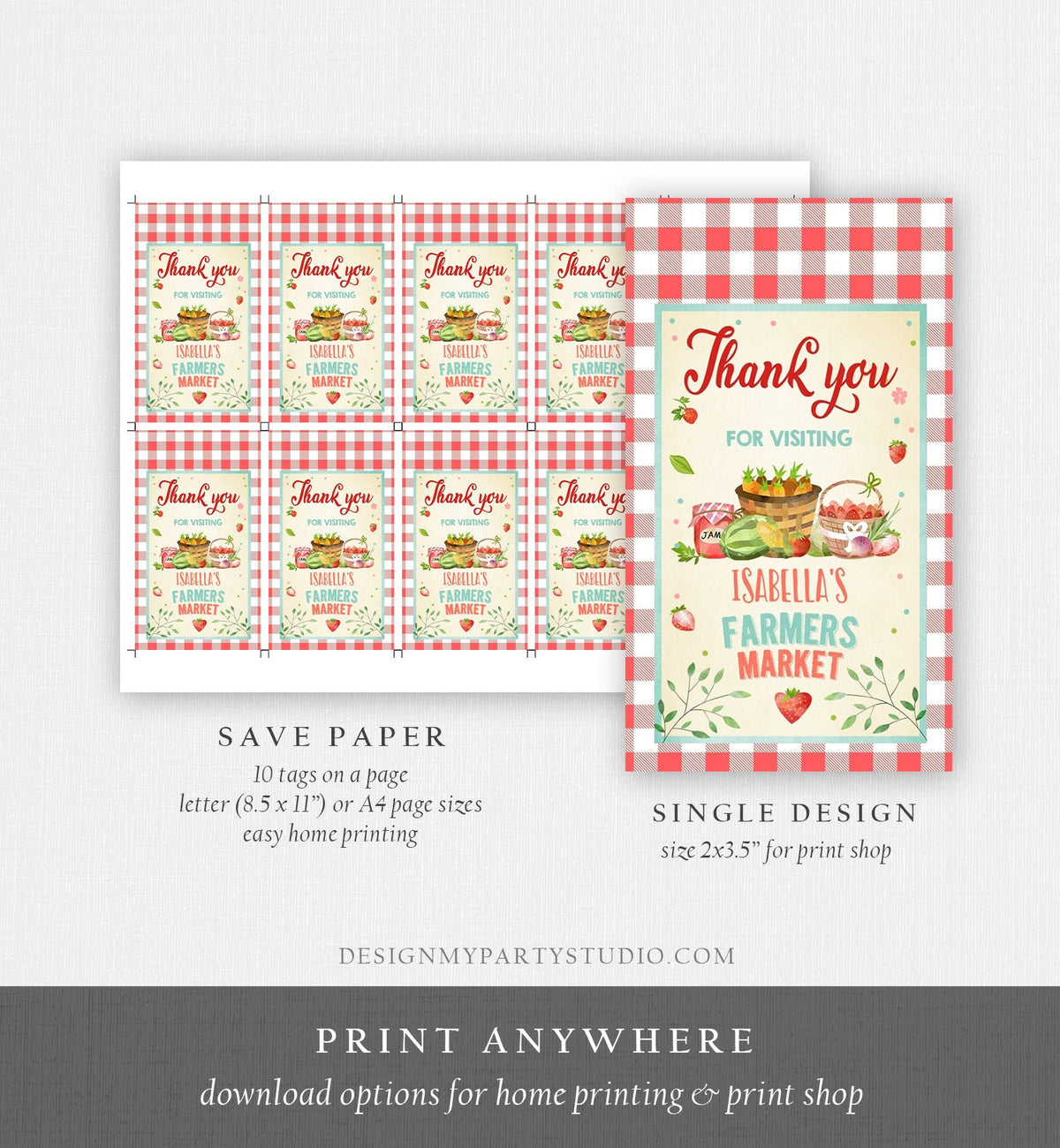Editable Farmers Market Favor Tags Farmers Market Birthday Thank you Labels Garden Gift tags Shower Gingham Template PRINTABLE Corjl 0144