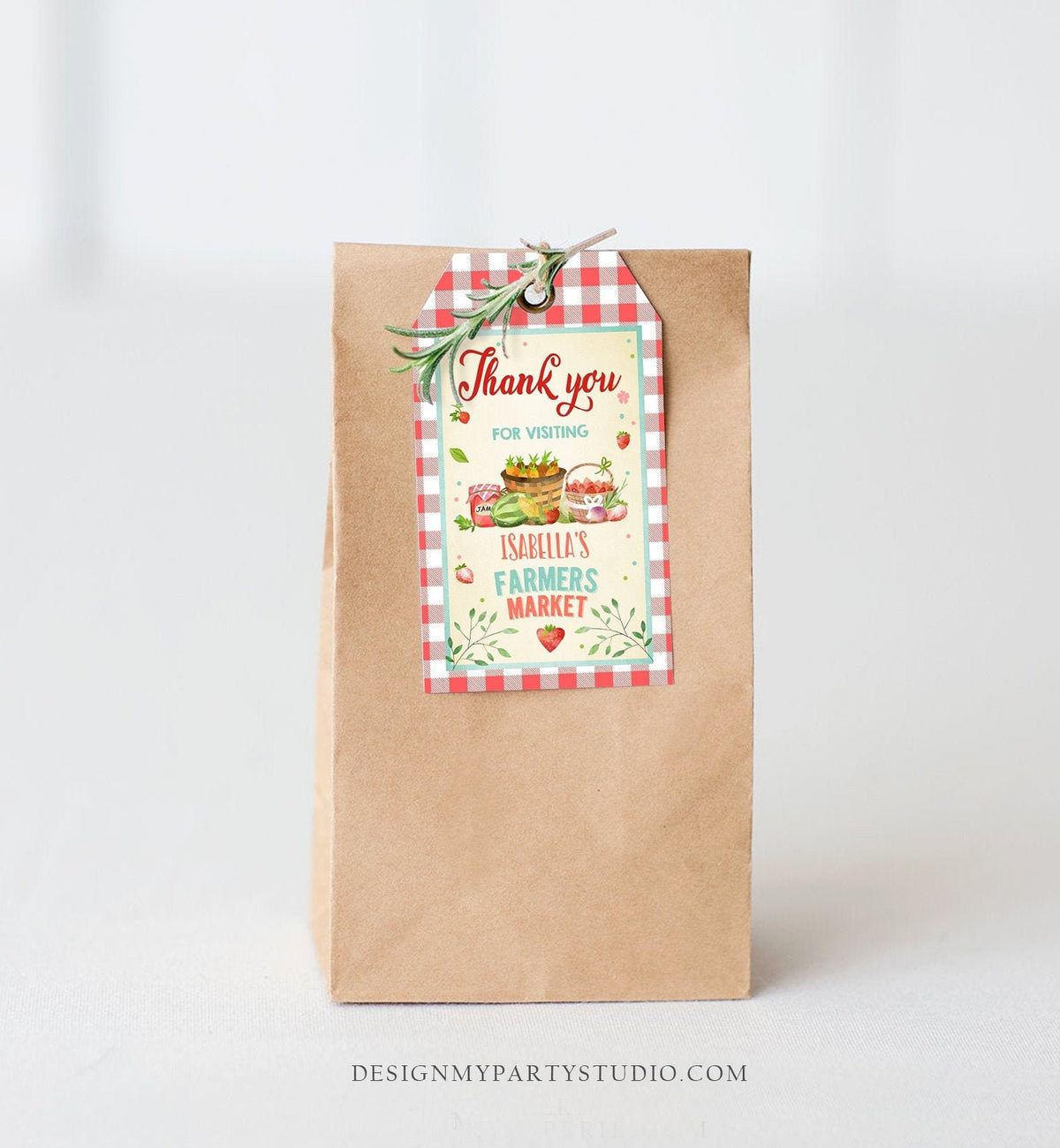 Editable Farmers Market Favor Tags Farmers Market Birthday Thank you Labels Garden Gift tags Shower Gingham Template PRINTABLE Corjl 0144