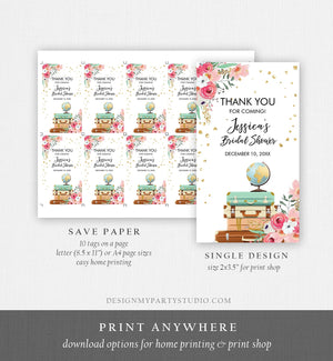 Editable Travel Thank You Favor Tags Pink Floral Suitcases Traveling to Mrs Bridal Shower Baby Adventure Corjl Template Printable 0030