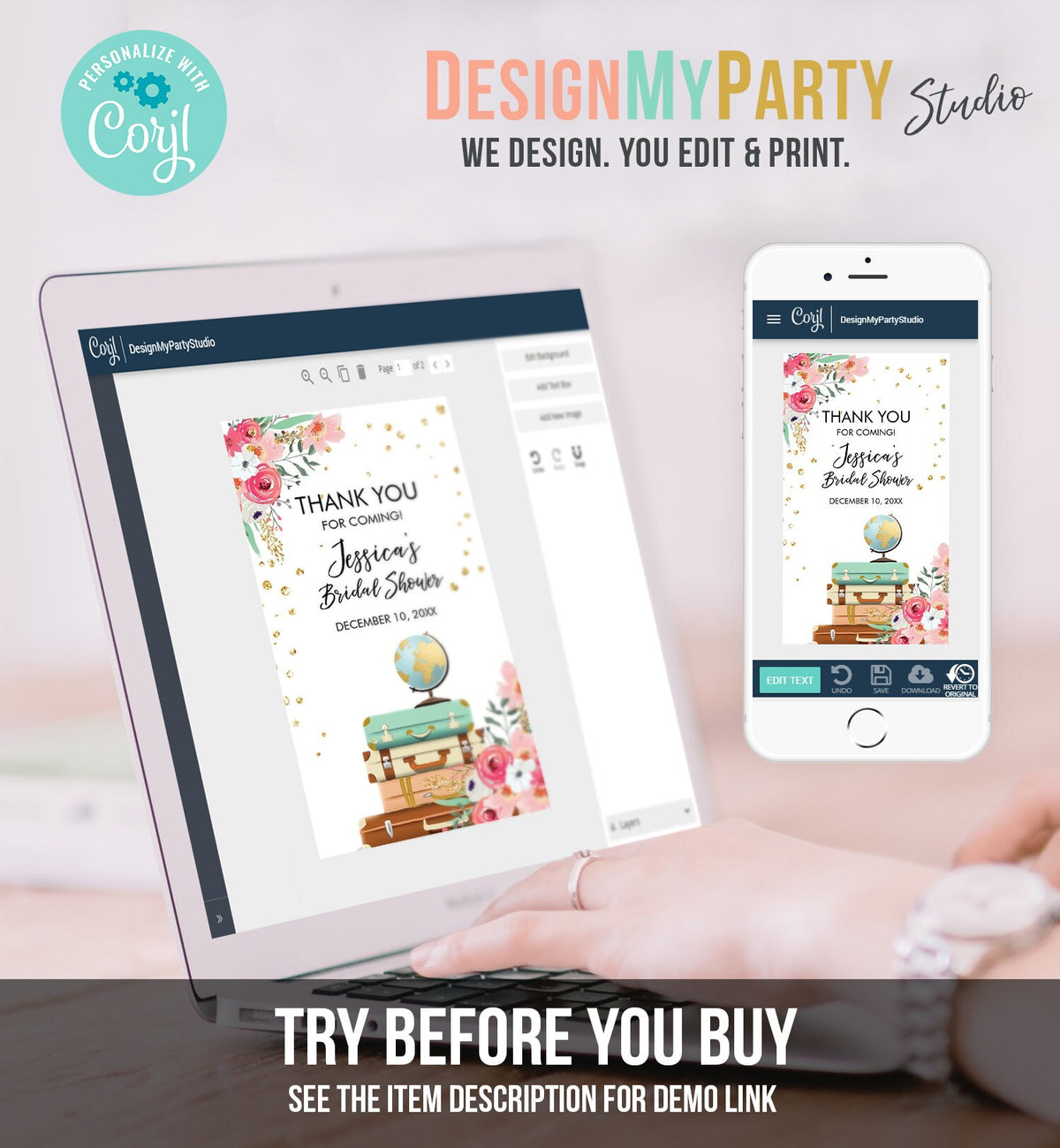 Editable Travel Thank You Favor Tags Pink Floral Suitcases Traveling to Mrs Bridal Shower Baby Adventure Corjl Template Printable 0030