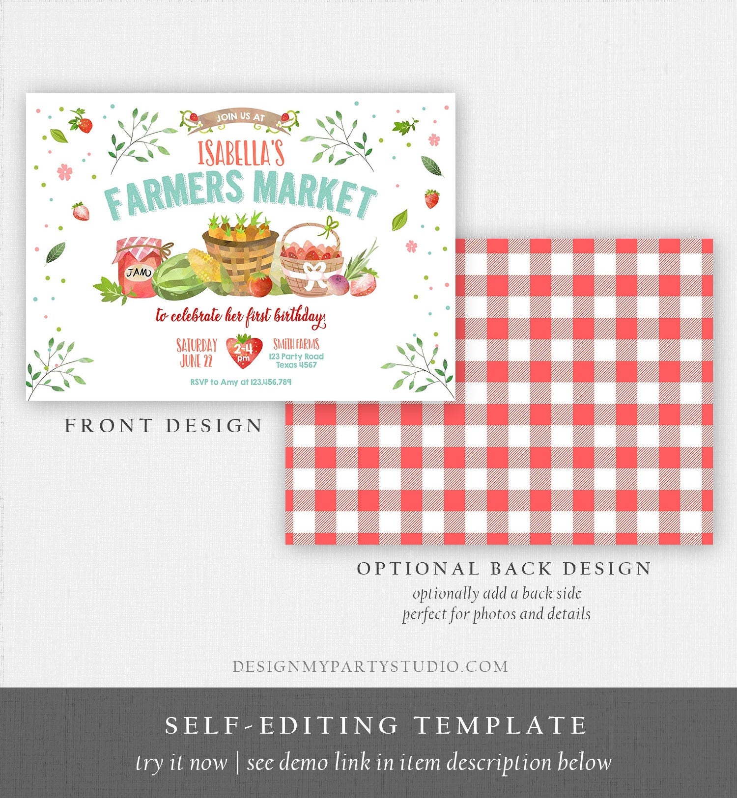 Editable Farmers Market Birthday Invitation Strawberry Farm Party Fruits Market Home Grown Digital Download Evite Template Printable 0144
