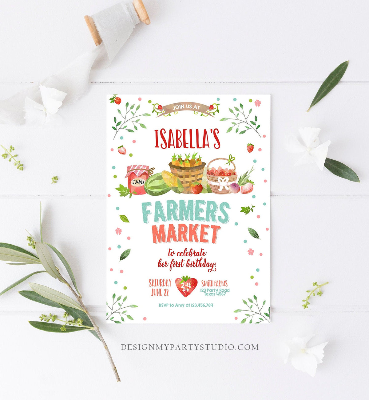 Editable Farmers Market Birthday Invitation Strawberry Home Grown Fruits Veggies Locally Grown Digital Download Template Printable 0144