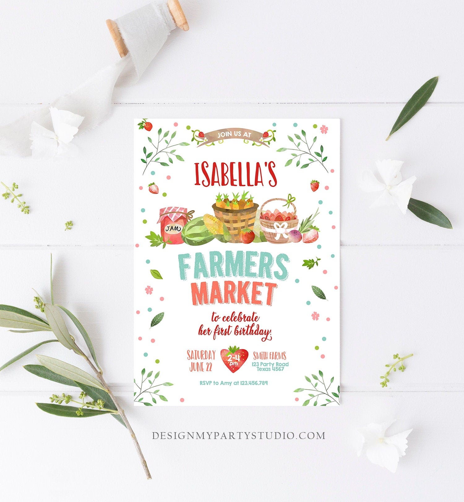 Editable Farmers Market Birthday Invitation Strawberry Home Grown Fruits Veggies Locally Grown Download Corjl Template Printable 0144