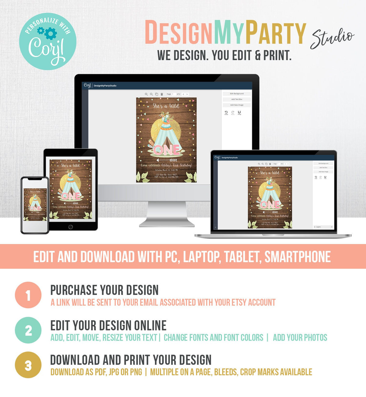 Editable Wild One Birthday Invitation Teepee Boho Tribal First Birthday Girl Pink Gold Teal Digital Download Printable Corjl Template 0092