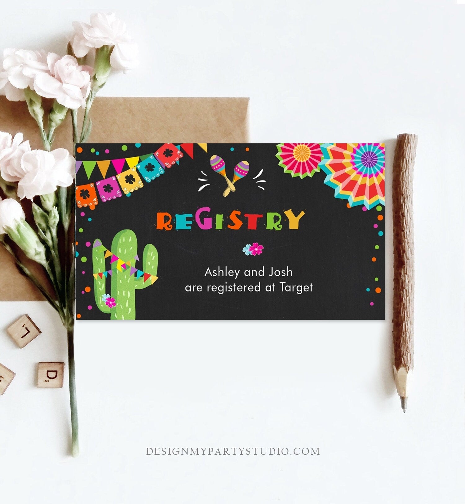 Editable Fiesta Insert Card Registry Card Enclosure Card Baby Bridal Shower Birthday Cactus Gift Card Mexican Succulent Corjl Template 0045